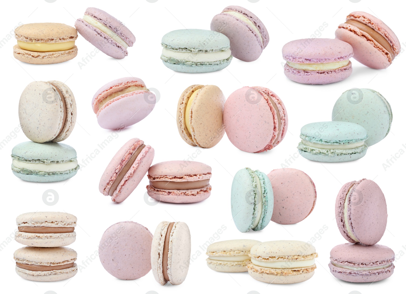 Image of Set with different delicious macarons on white background