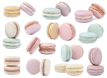 Image of Set with different delicious macarons on white background