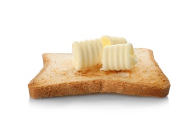 Toast with tasty butter curls on white background