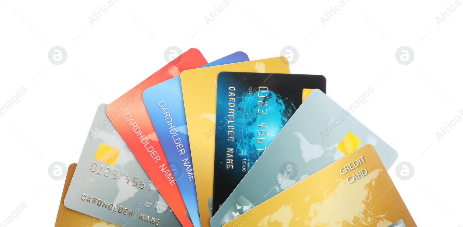 Photo of Different credit cards on white background, closeup