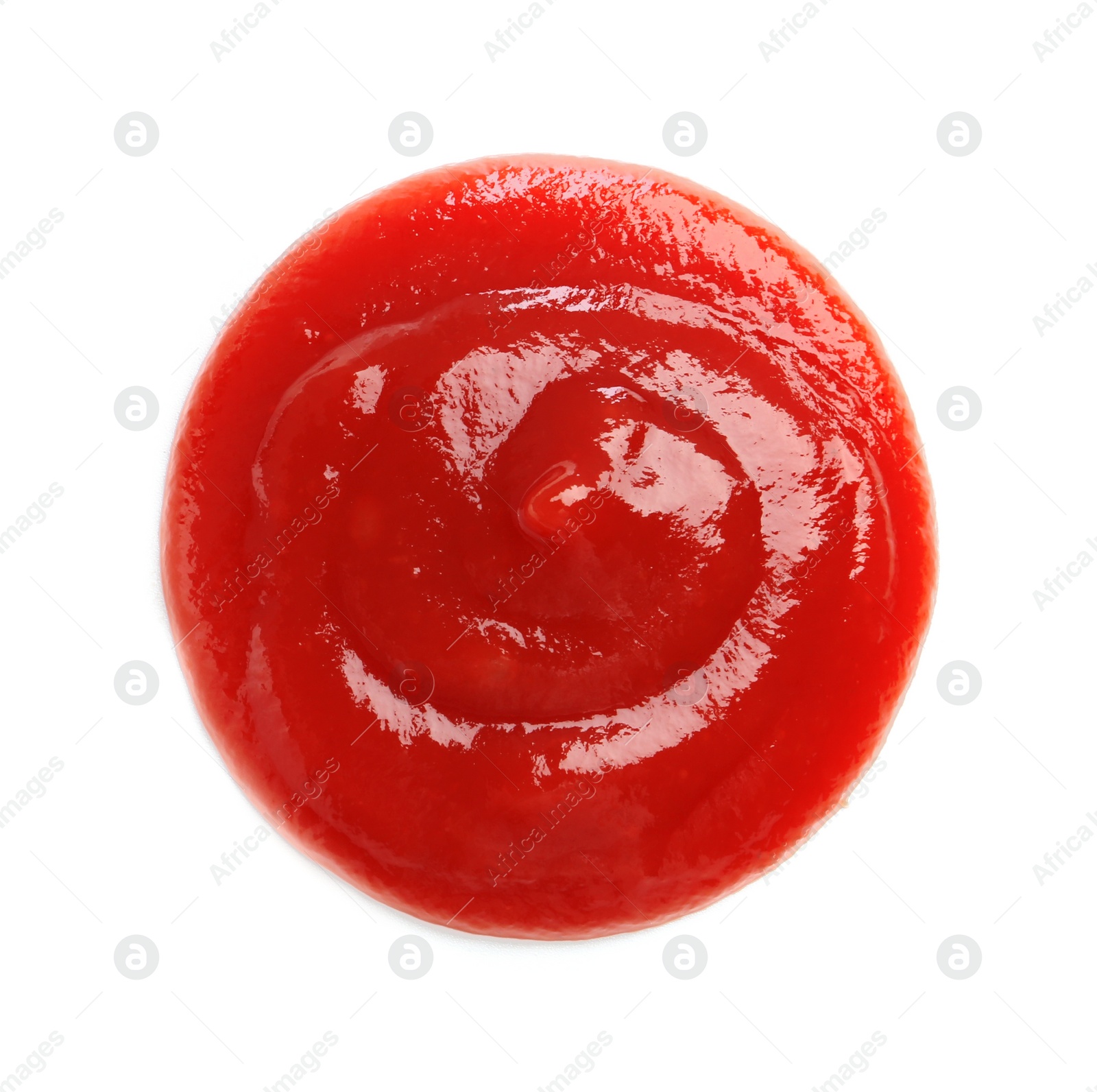 Photo of Tasty ketchup isolated on white, top view. Tomato sauce