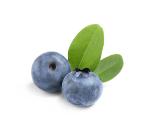 Photo of Delicious fresh ripe blueberries with leaves isolated on white