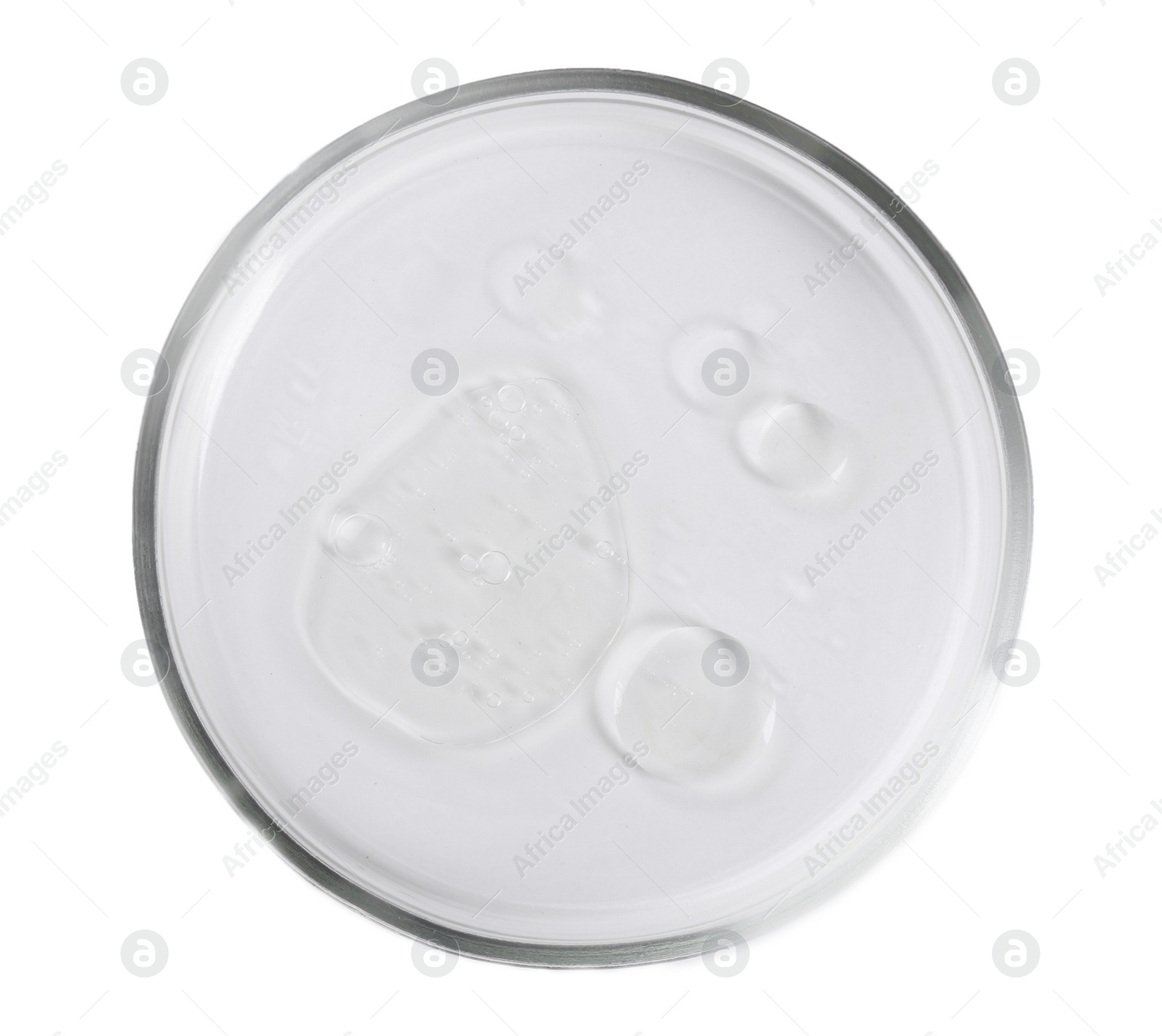 Photo of Petri dish with liquid sample isolated on white, top view