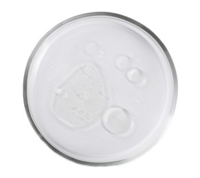 Petri dish with liquid sample isolated on white, top view