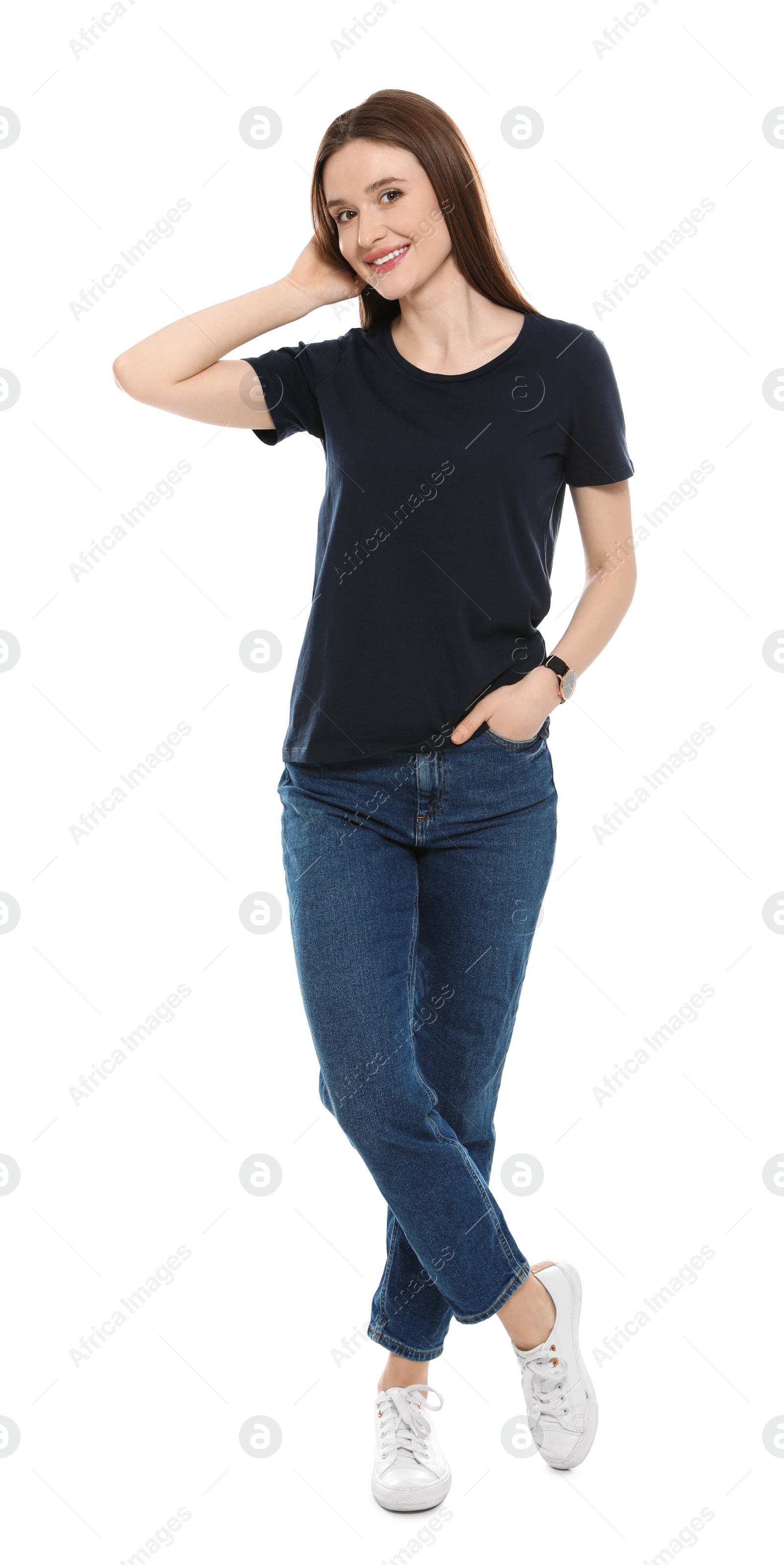 Photo of Young woman in t-shirt on white background. Mock up for design