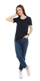 Photo of Young woman in t-shirt on white background. Mock up for design