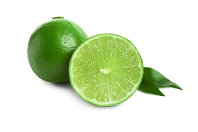 Photo of Fresh ripe green limes on white background