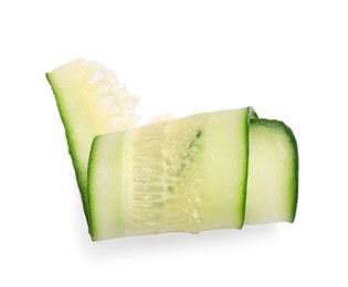 Photo of Slice of fresh cucumber isolated on white, top view