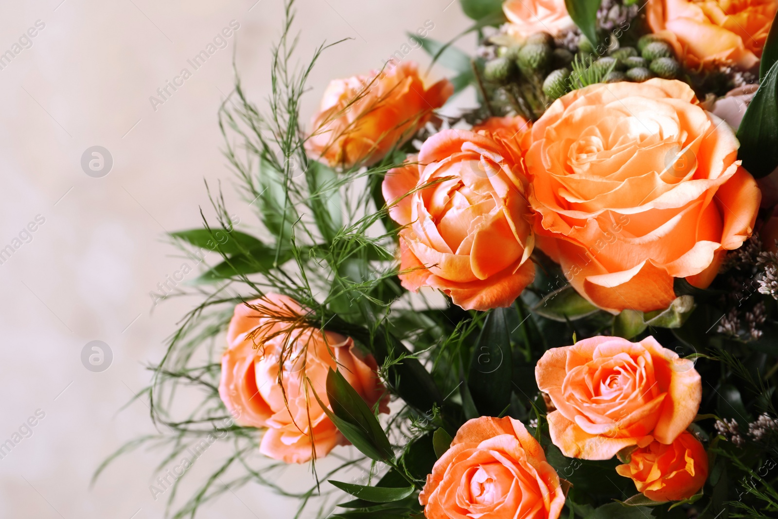 Image of Beautiful bouquet with orange roses on beige background, closeup