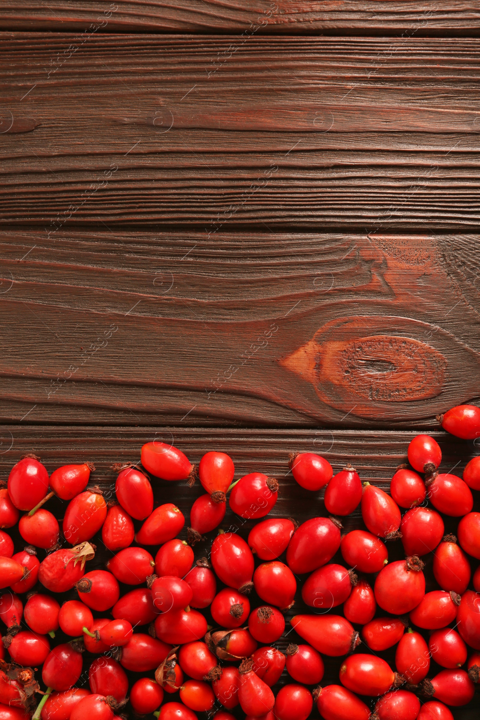 Photo of Fresh ripe rosehip berries on wooden table, flat lay. Space for text