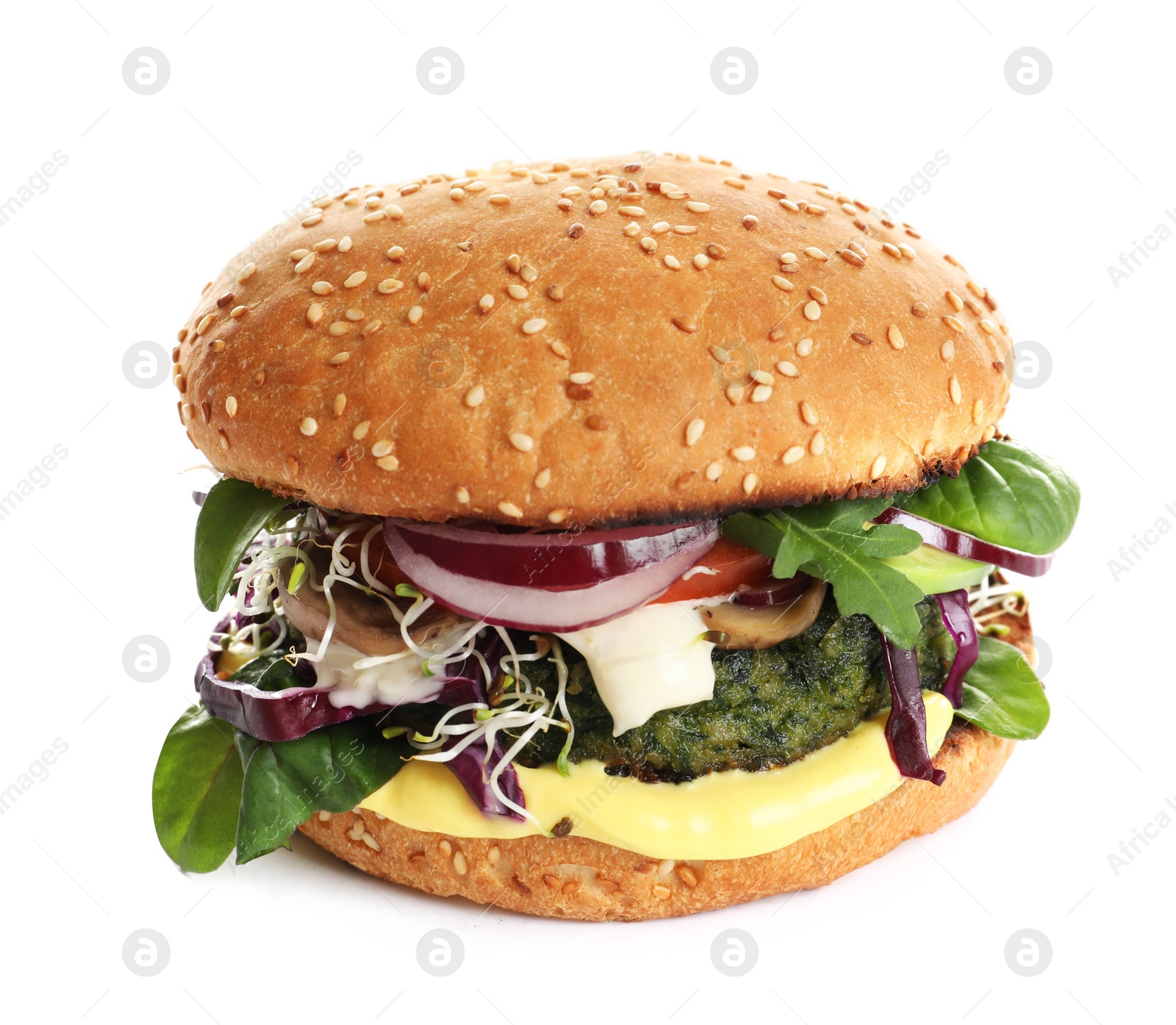 Photo of Tasty vegetarian burger with spinach cutlet on white background