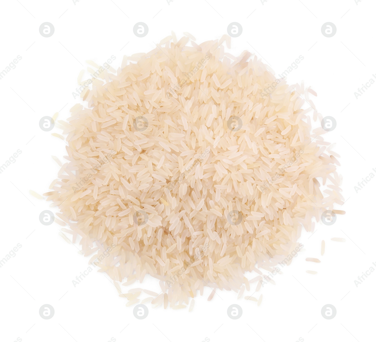 Photo of Pile of raw rice isolated on white, top view