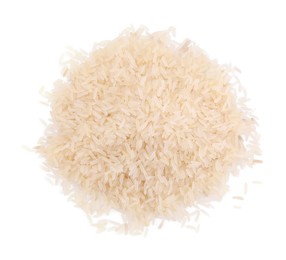 Pile of raw rice isolated on white, top view