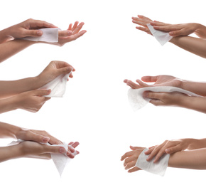 Image of Closeup view of people cleaning hands with wet wipes on white background, collage