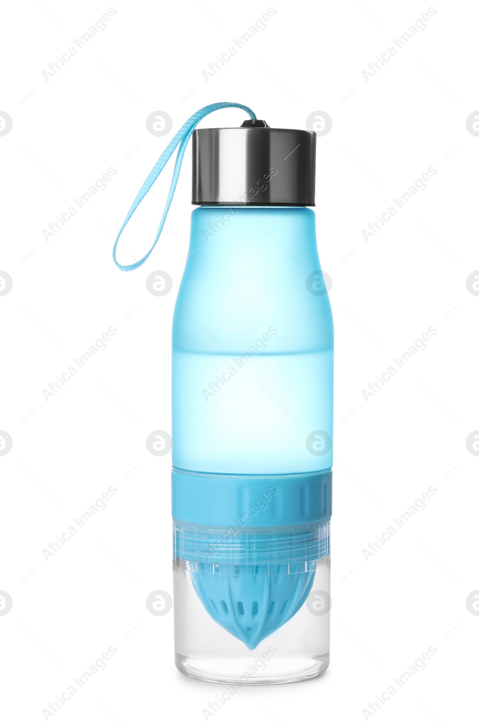 Photo of Stylish water bottle isolated on white. Cycling accessory