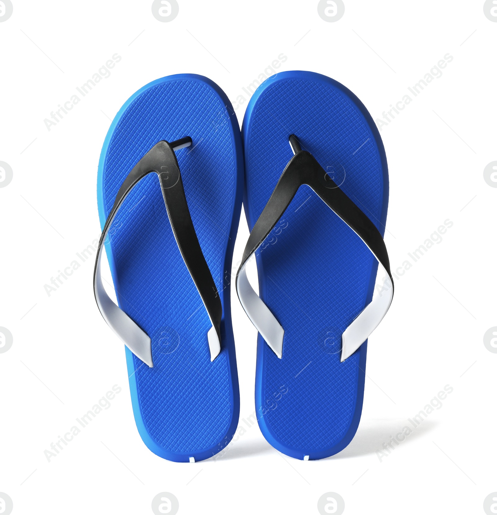 Photo of Stylish pair of flip flops on white background. Beach accessory