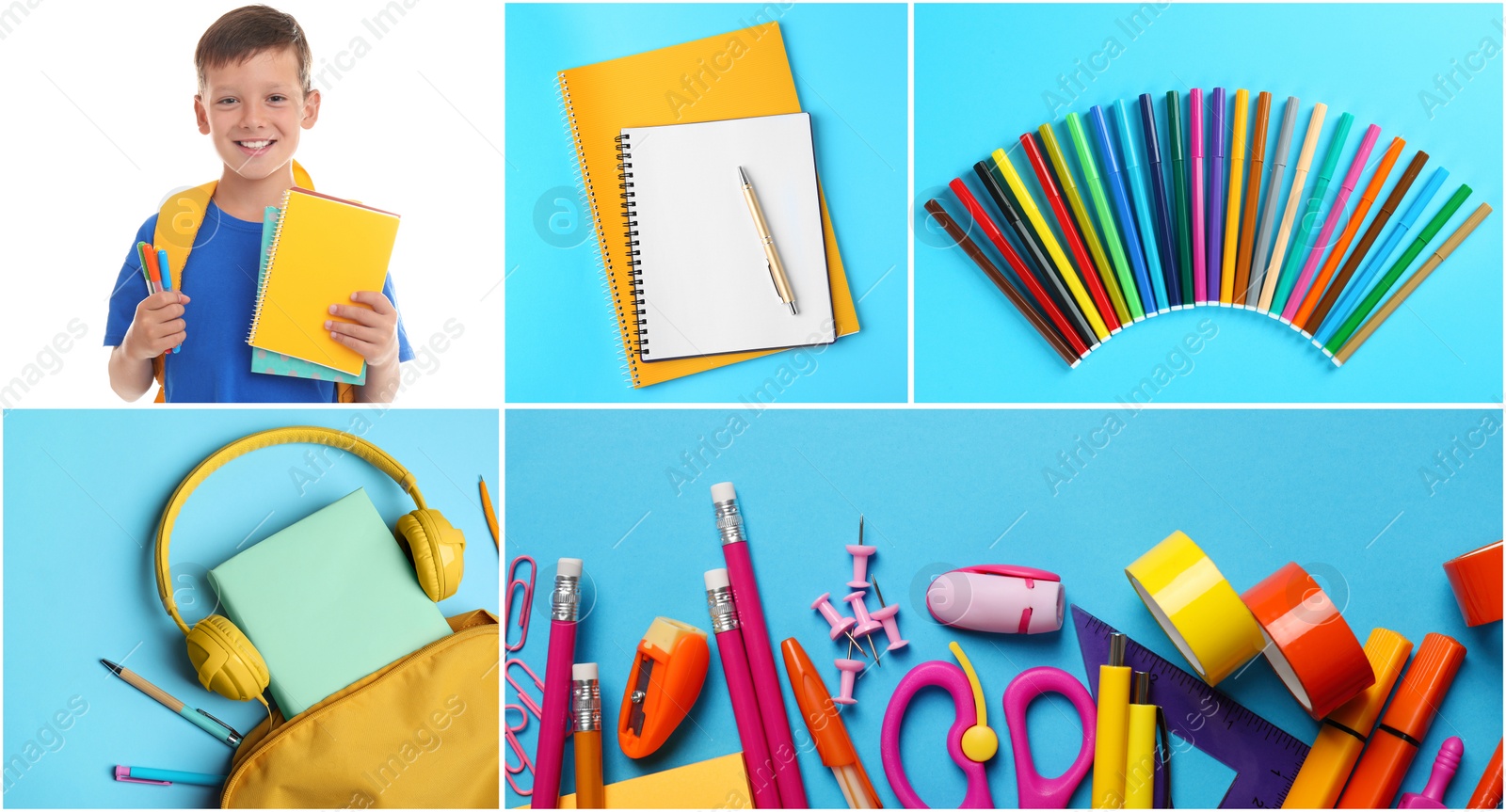 Image of Collage with photos of cute boy and different stationery. Back to school