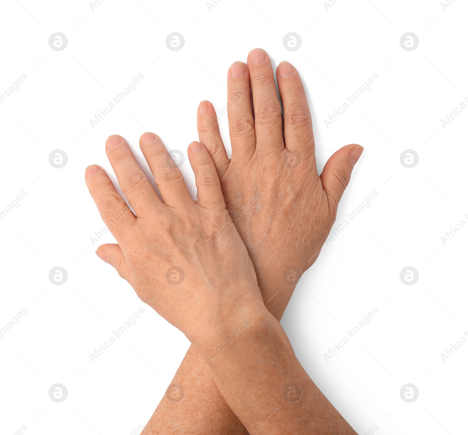 Photo of Closeup view of woman's hands with aging skin, top view. Space for text