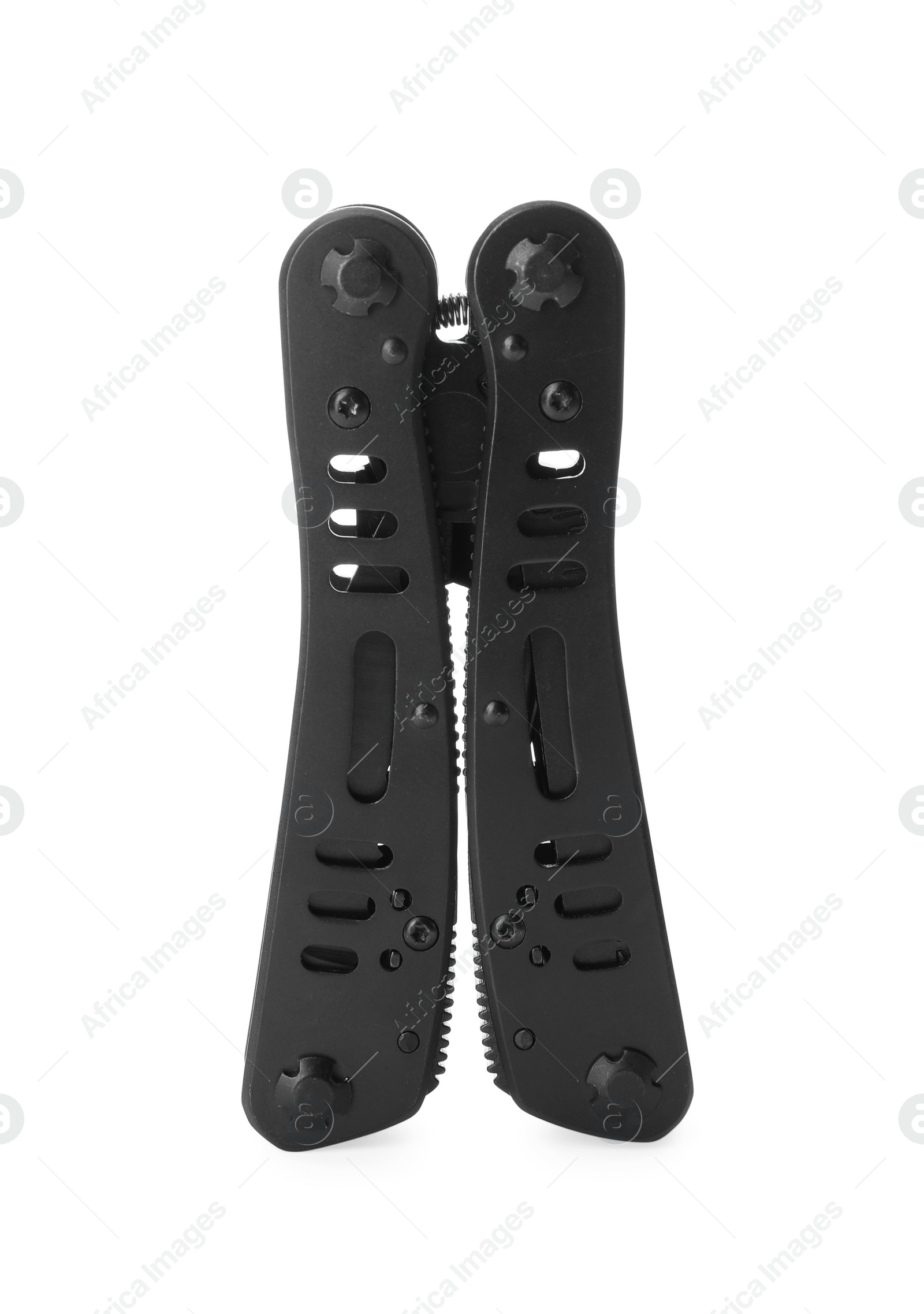 Photo of Compact portable multitool with black handles isolated on white