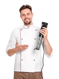 Photo of Smiling chef holding sous vide cooker on white background