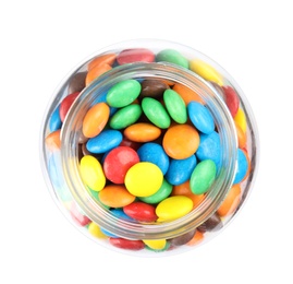Photo of Jar with colorful candies on white background, top view