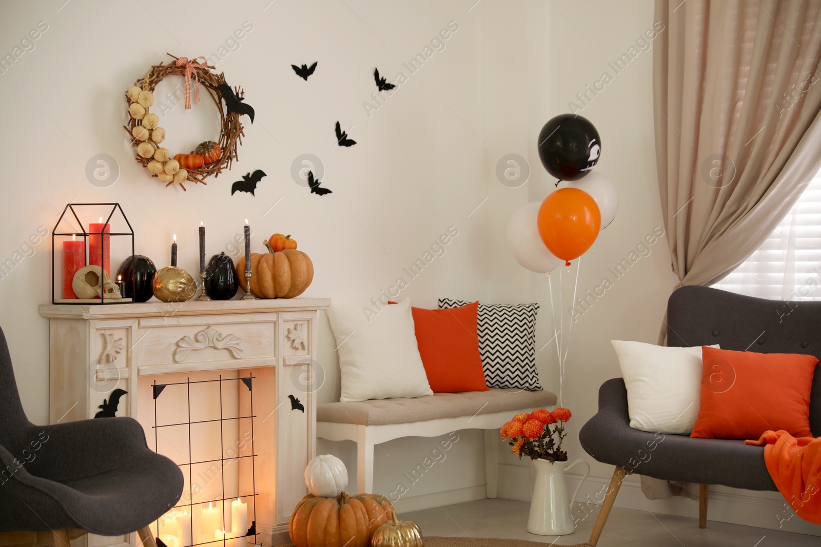 Photo of Modern room decorated for Halloween. Idea for festive interior