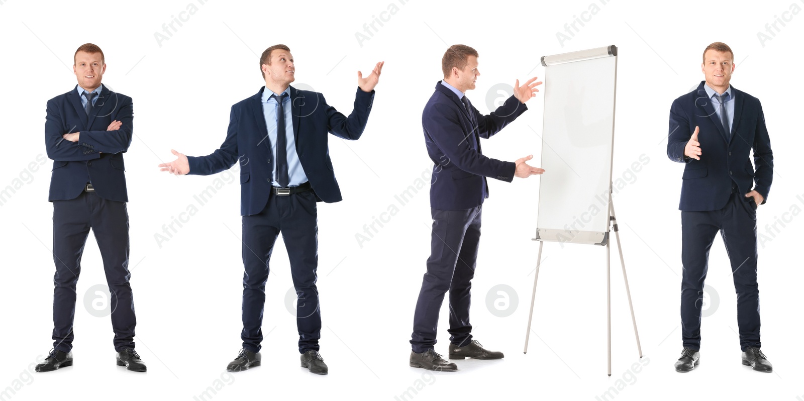 Image of Collage with photos of business trainer on white background, banner design 