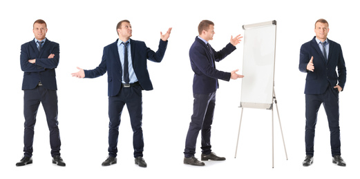 Image of Collage with photos of business trainer on white background, banner design 