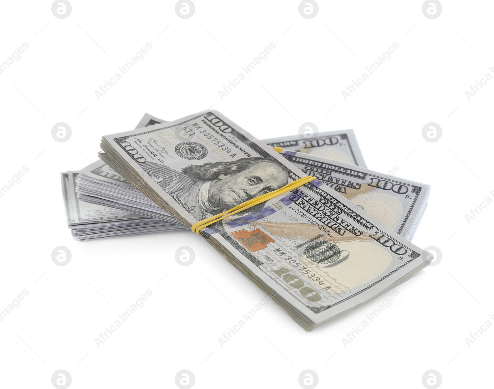 Photo of Dollar banknotes isolated on white. Money and finance