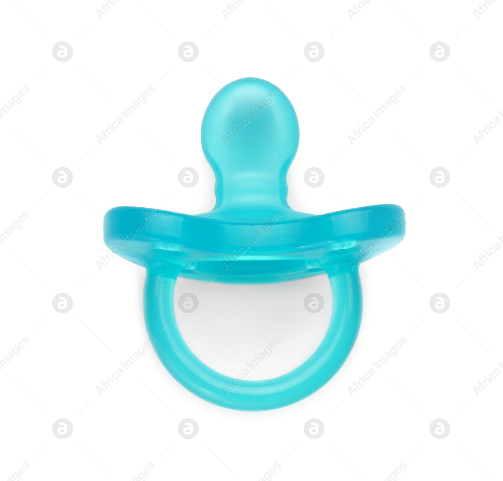 Photo of One turquoise baby pacifier isolated on white, top view