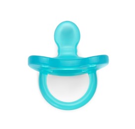 Photo of One turquoise baby pacifier isolated on white, top view