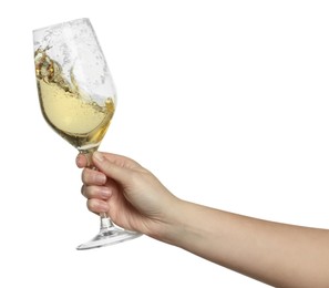 Photo of Woman with glass of wine isolated on white, closeup