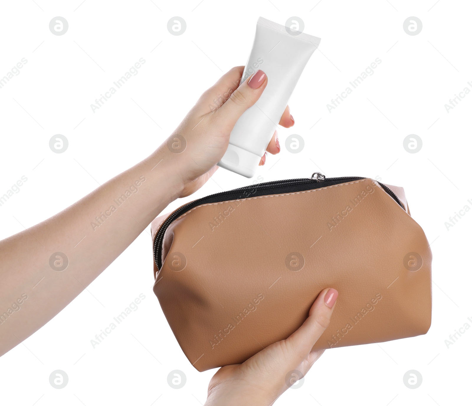 Photo of Woman with cosmetic bag and tube of makeup product isolated on white, closeup