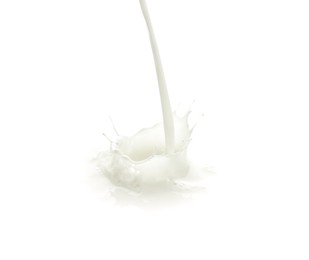 Photo of Pouring tasty fresh milk, closeup. Dairy product