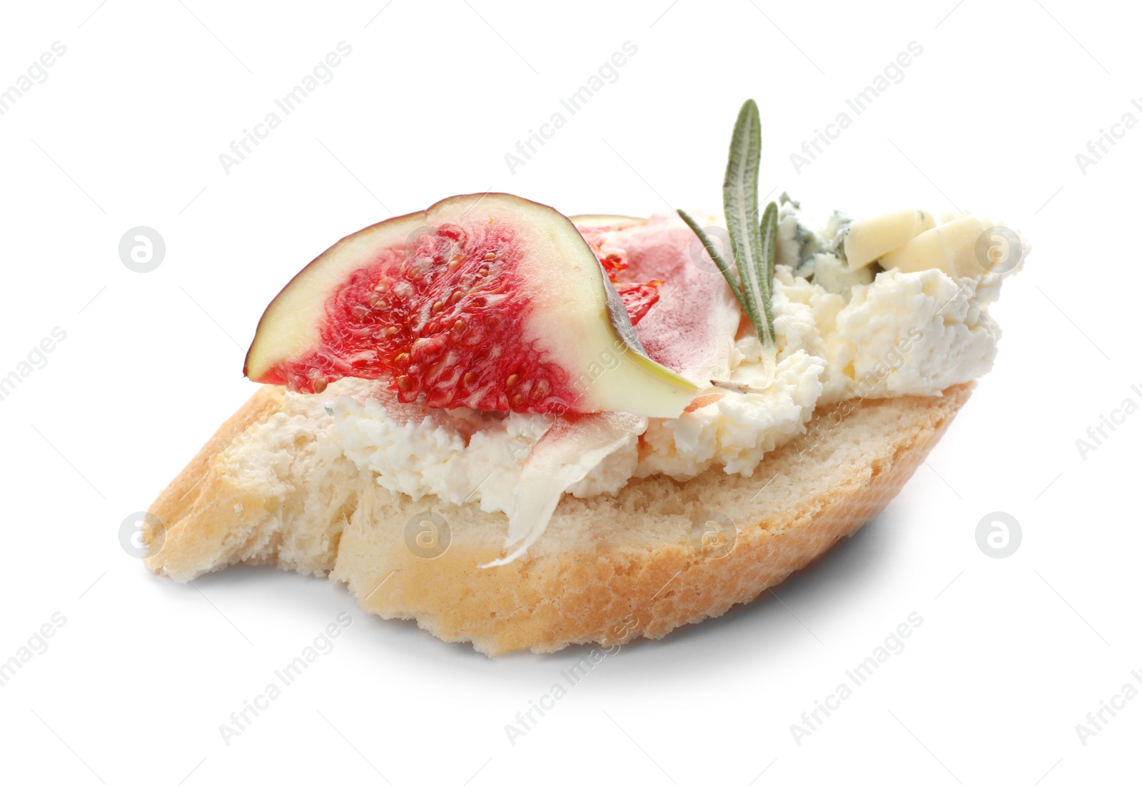 Photo of Sandwich with ripe fig, prosciutto and cream cheese on white background