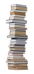 Photo of High stack of many different books isolated on white