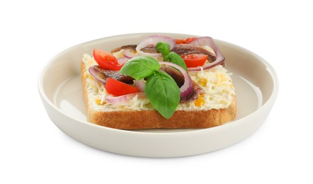 Photo of Delicious sandwiches with anchovy, tomato and basil on white background