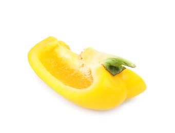 Photo of Cut yellow bell pepper with seeds isolated on white