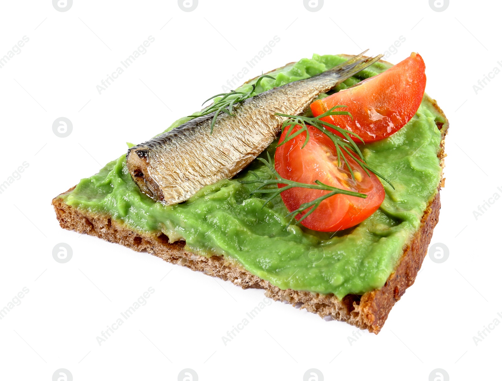 Delicious sandwich with sprat, tomato, avocado puree and dill isolated on white Photo of Delicious sandwich with sprat, tomato, avocado puree and dill isolated on white