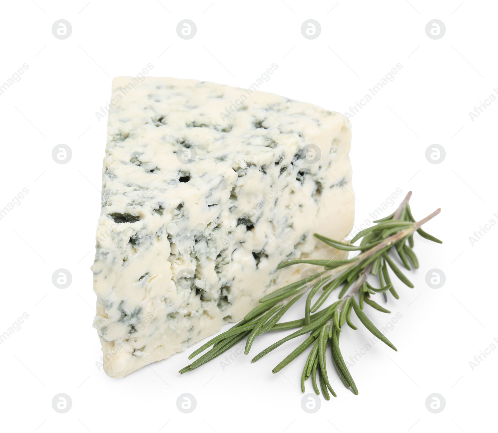 Photo of Tasty blue cheese with rosemary isolated on white