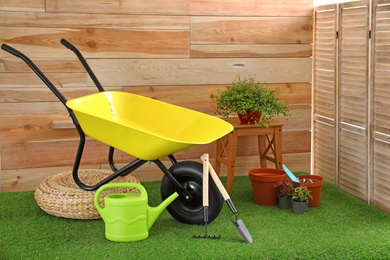 Wheelbarrow with gardening tools and plants near wooden wall
