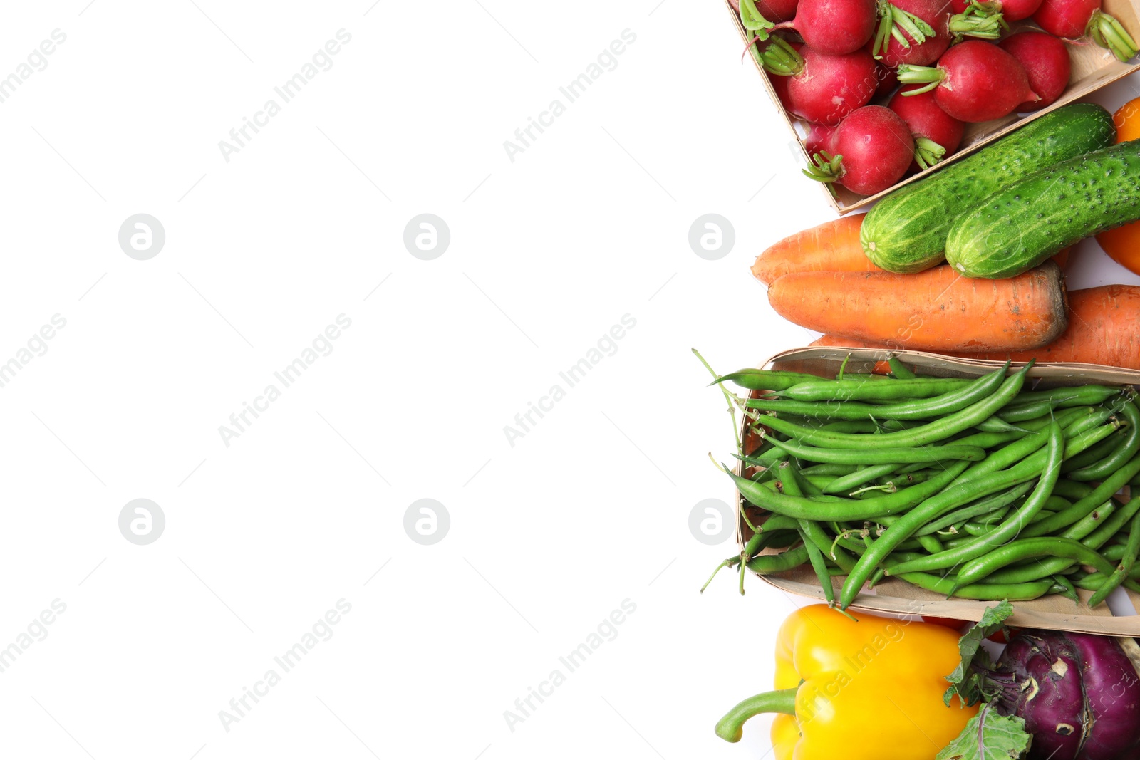 Photo of Assortment of fresh vegetables on white background, top view. Space for text