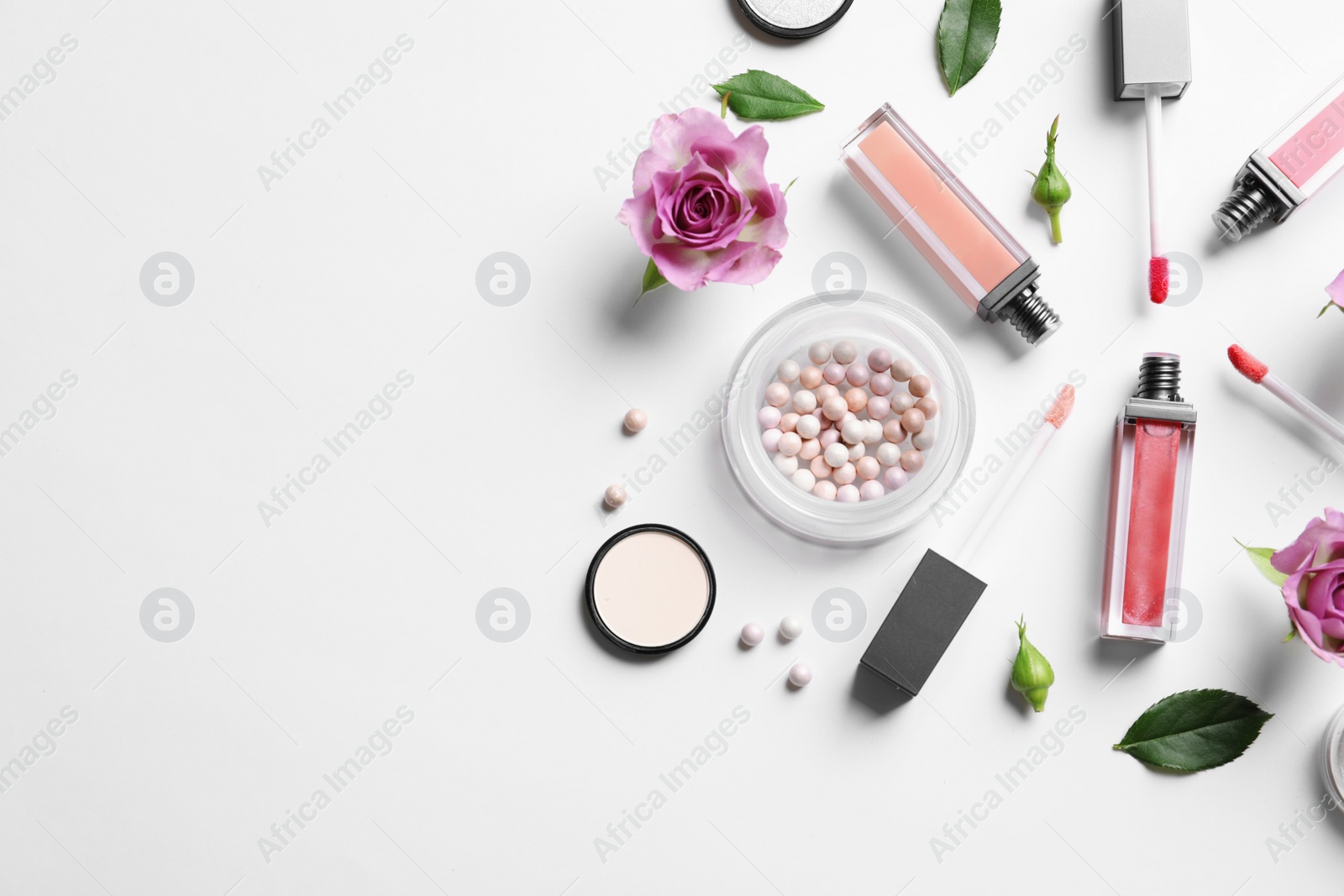 Photo of Composition with lipsticks on white background, flat lay. Space for text