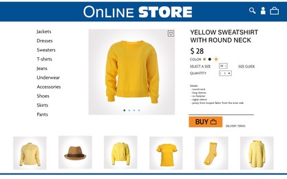 Image of Online store website page with stylish sweatshirt and information. Image can be pasted onto laptop or tablet screen