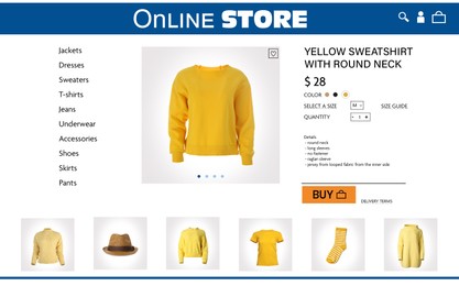 Online store website page with stylish sweatshirt and information. Image can be pasted onto laptop or tablet screen