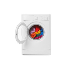 Modern washing machine with clothes isolated on white