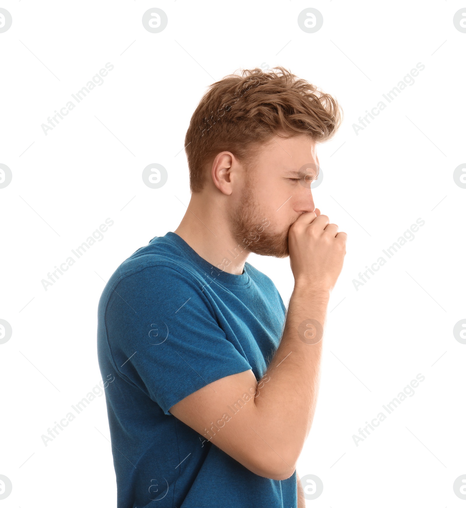 Photo of Handsome young man coughing against white background