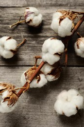 Photo of Dry cotton branch with fluffy flowers on wooden table, flat lay