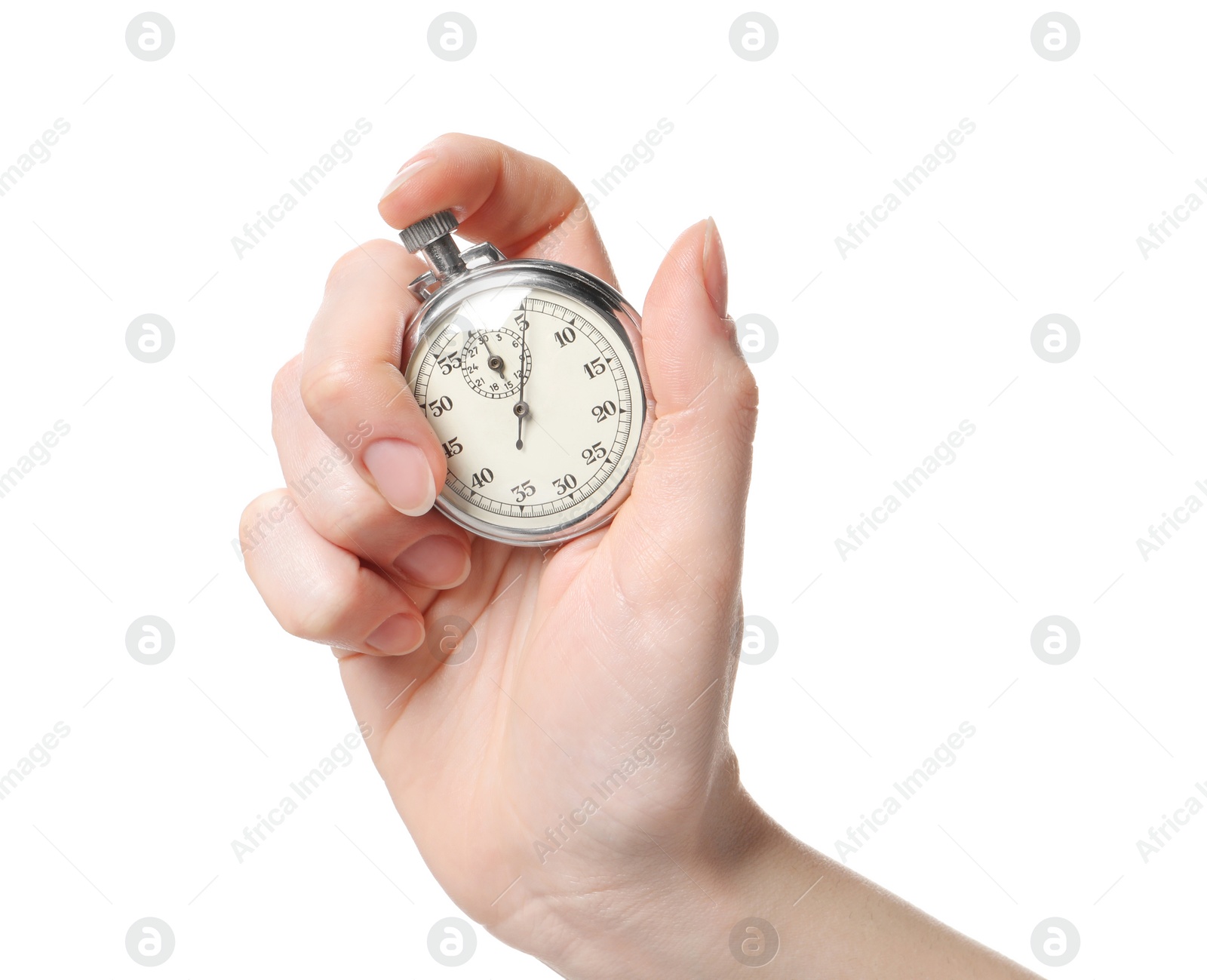 Photo of Woman holding vintage timer on white background, closeup