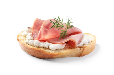 Photo of Tasty bruschetta with ham on white background